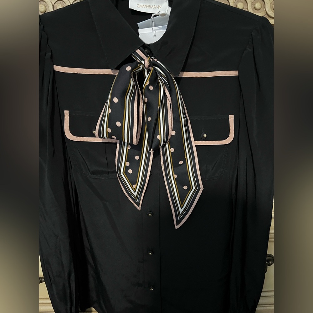 ZIMMERMANN Black and Tan Bow Printed Crepe De Chine Blouse NWT - Picture 5 of 15